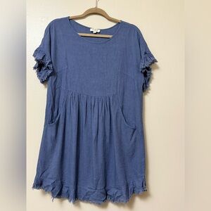 Umgee linen blend blue Frayed Hem mini straight sress with pockets